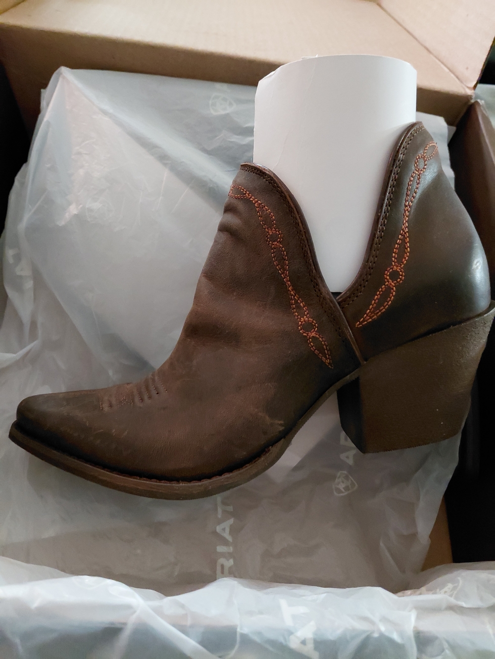 Ariat Brown Western Ankle Heeled Boot with Decorative Stitching